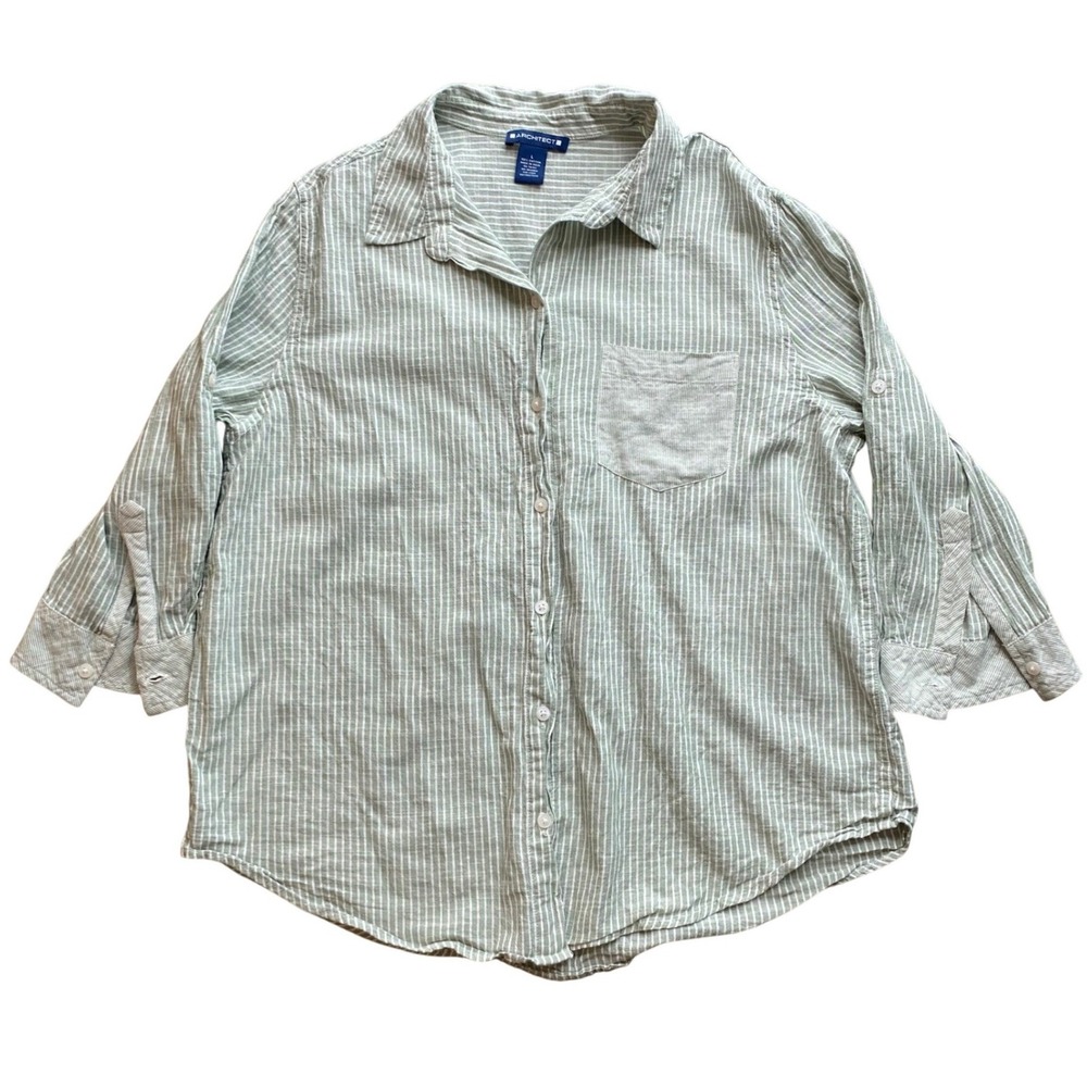 Architect Womens Sage Green Striped 100% Cotton‎ 3/4 Roll Tab Sleeve Shirt Large